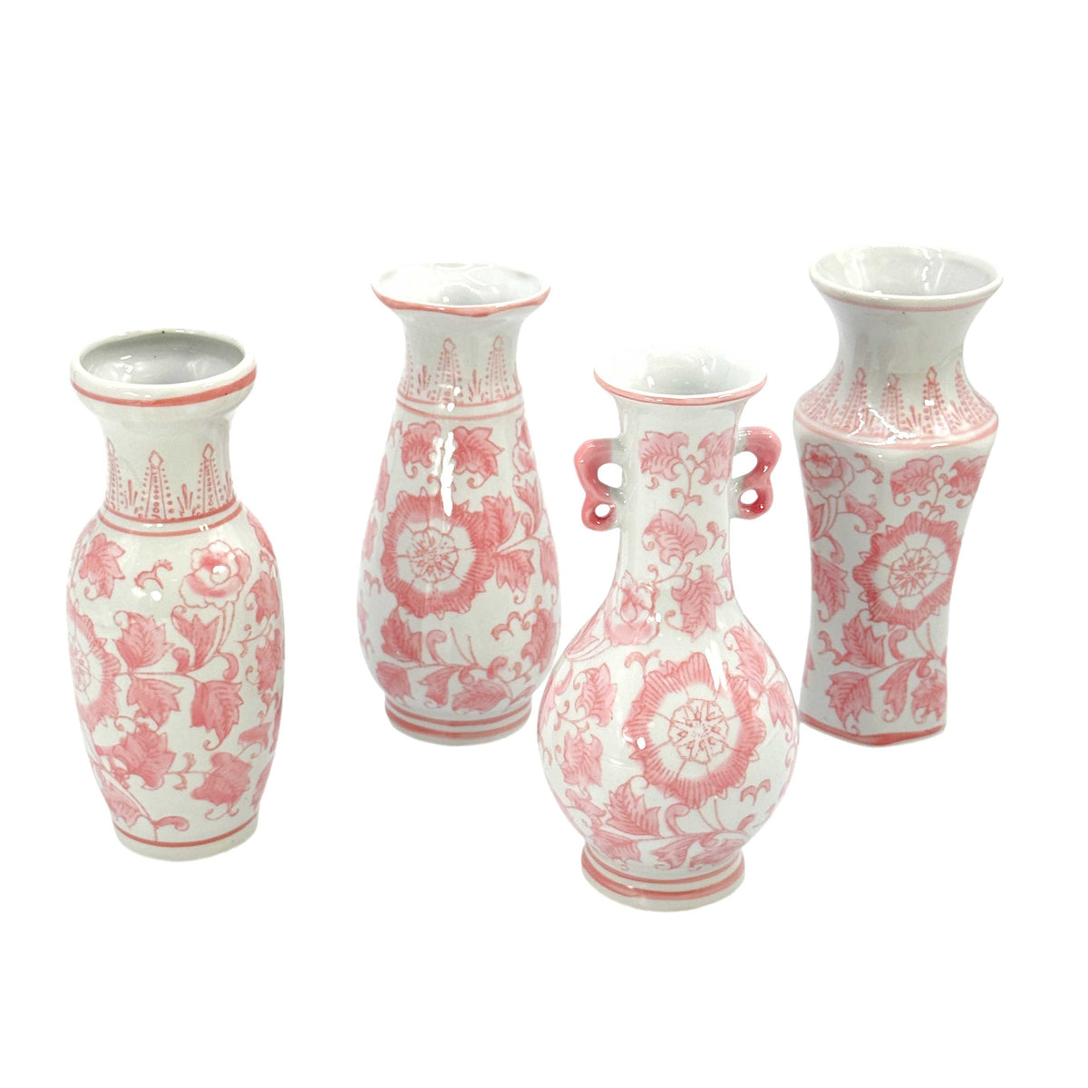 8" Pink & White Ceramic Chinoiserie Vases - Set of 4