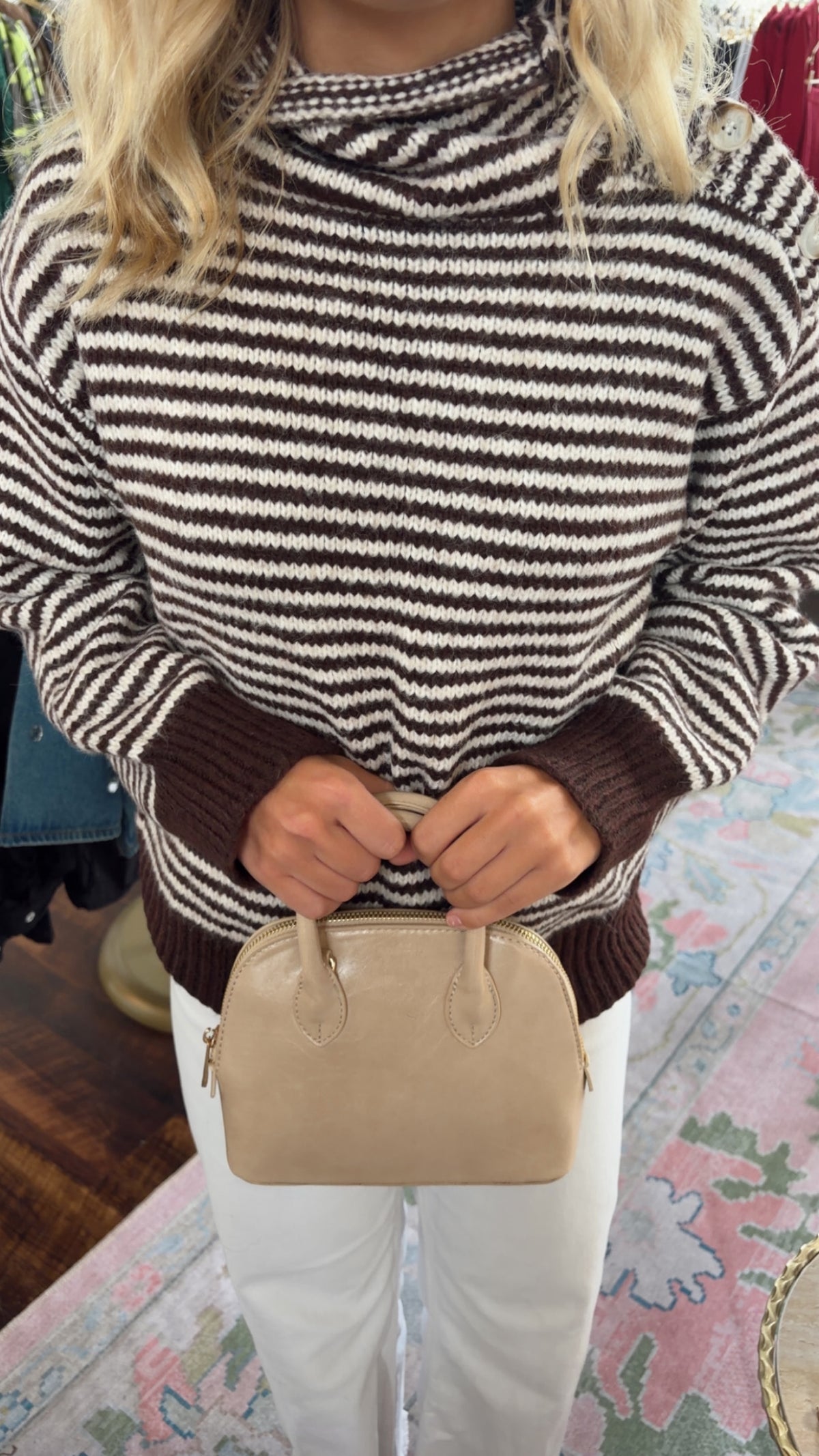 STRIPED BUTTON DETAILED MOCK NECK SWEATER