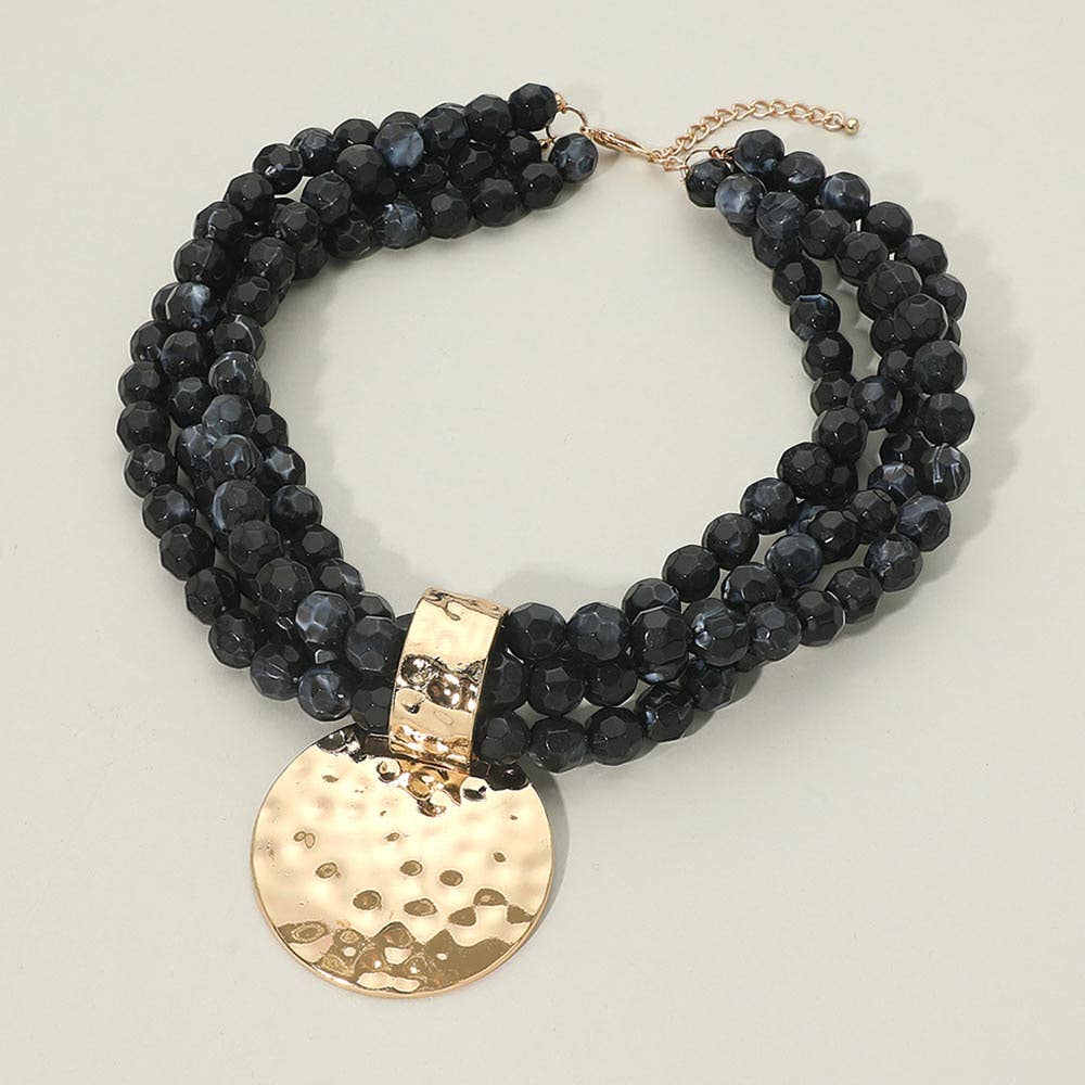 Bold Hammered Metal Disc Accent Chunky Beaded Multi Strand Statement Necklace