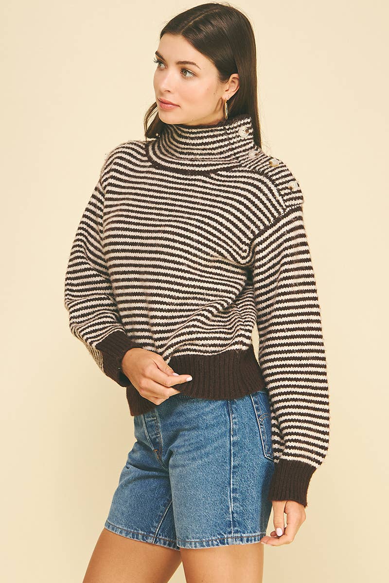 STRIPED BUTTON DETAILED MOCK NECK SWEATER