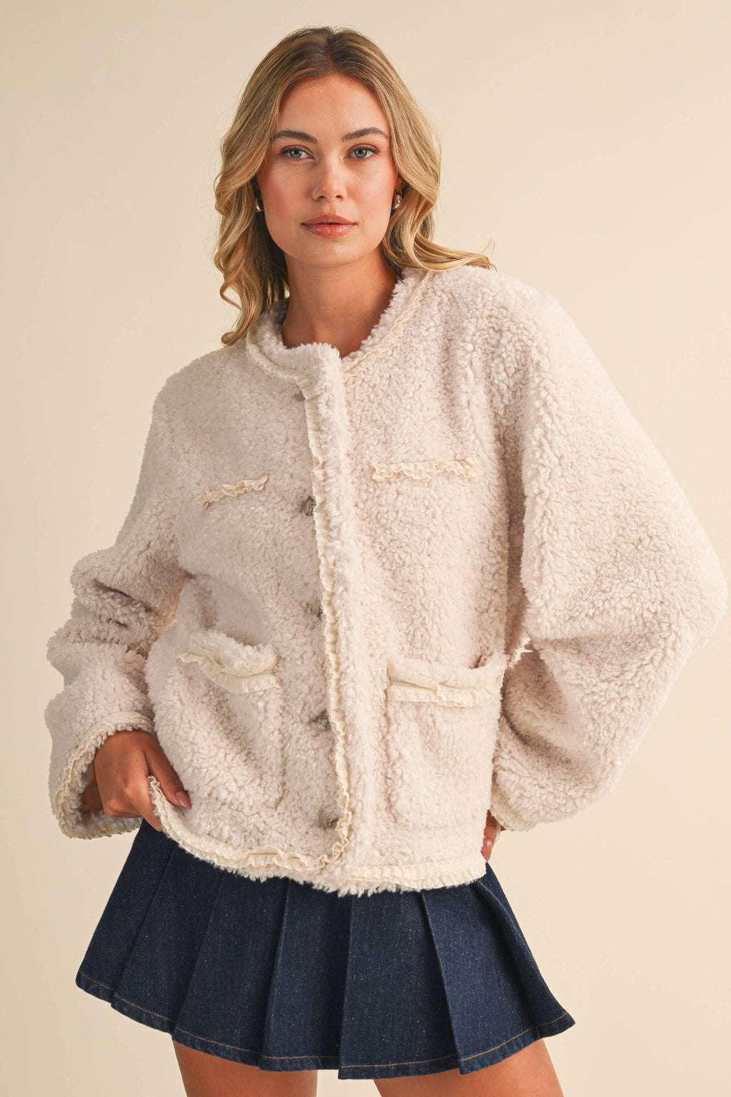 SHERPA JACKET WITH LACE TRIM
