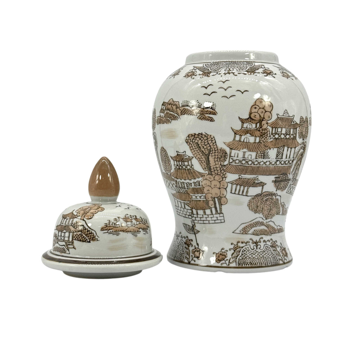 Brown & White Landscape Chinoiserie Ginger Jar 14"