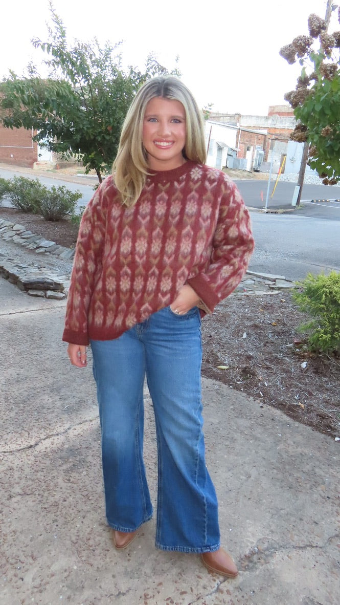 Burgundy Fair Isle Knit Sweater