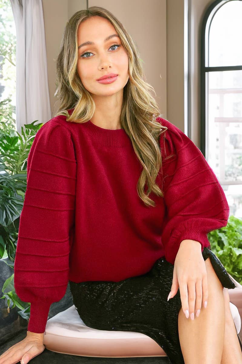 Textured Puff Sleeve Cozy Knitted Sweater