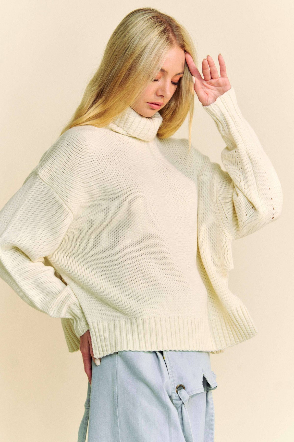 Turtleneck Side Slit Loose Knit Sweater