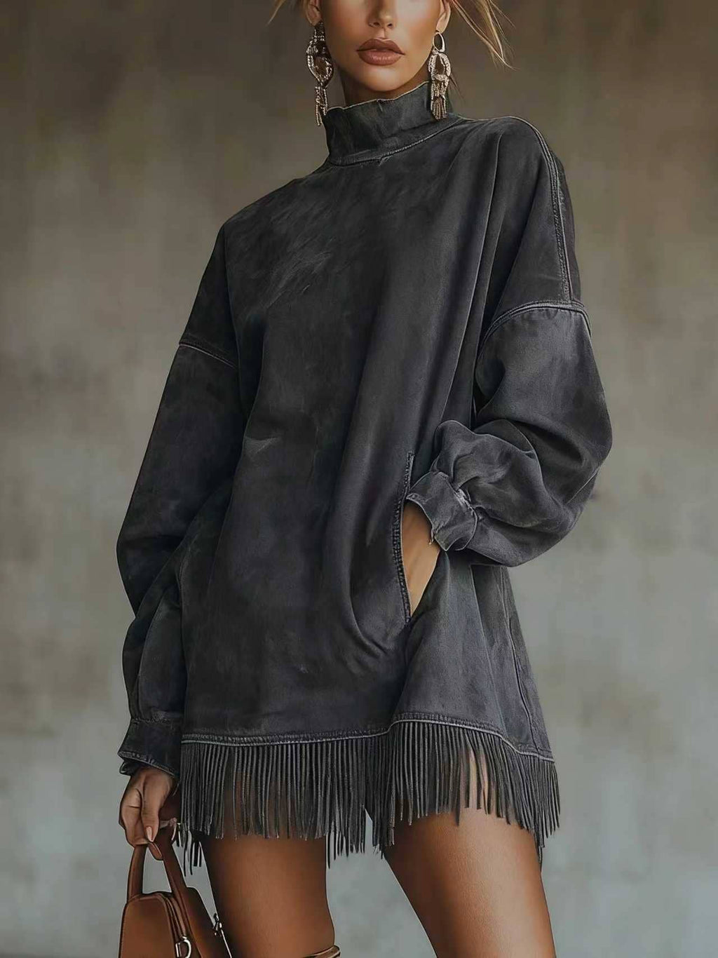 High Neck Loose Fit Fringed Suede Dress with Pockets