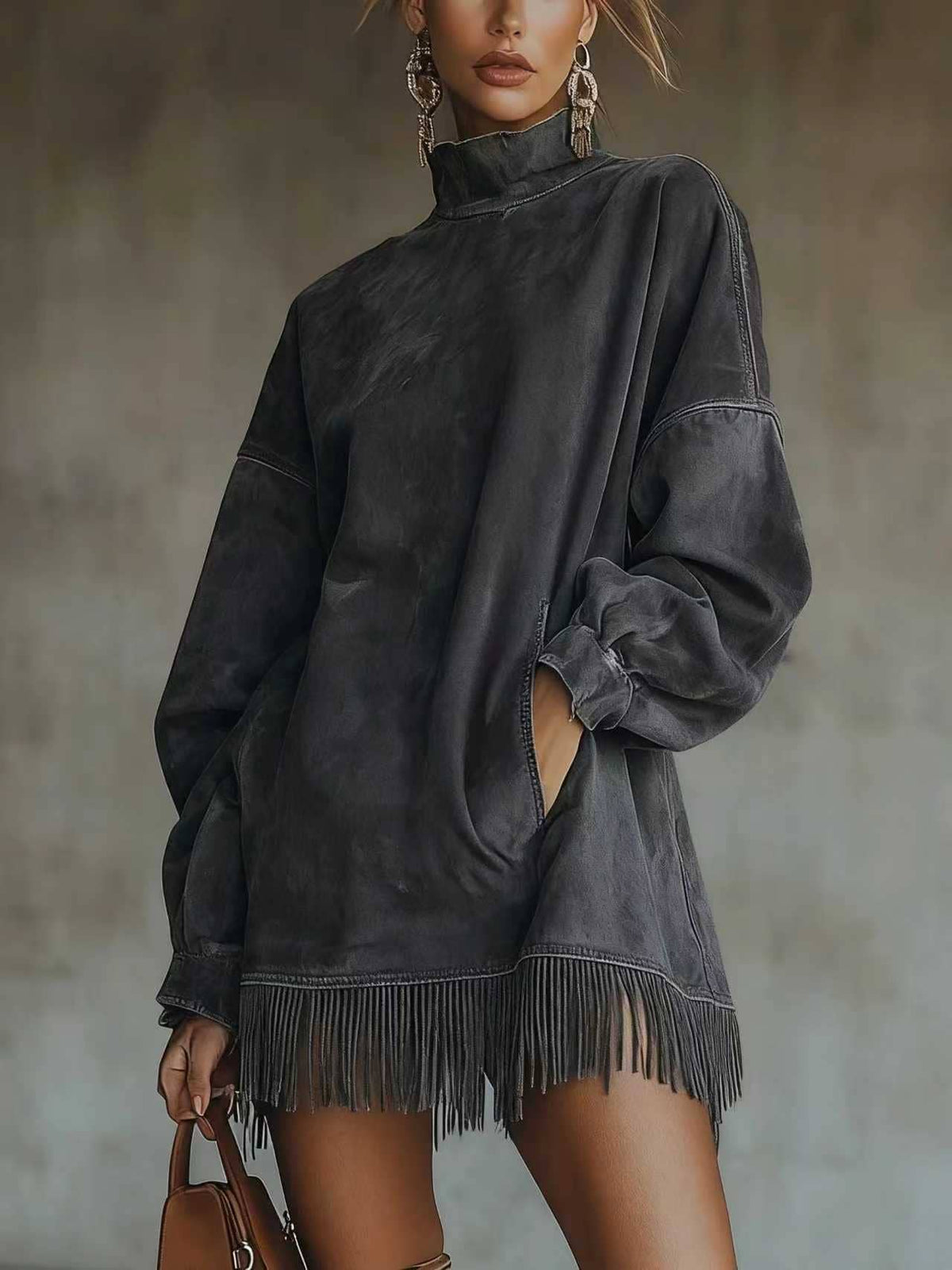High Neck Loose Fit Fringed Suede Dress with Pockets