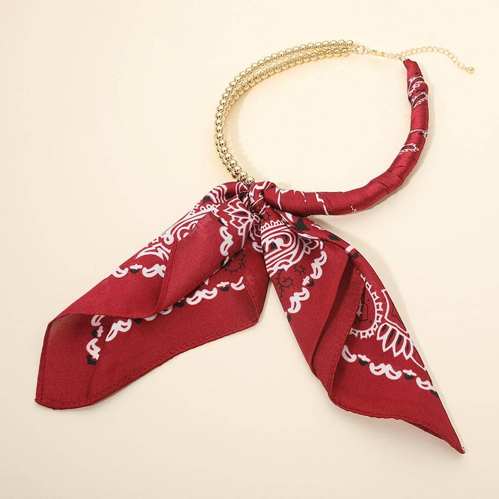 Abstract Pattern Fabric Scarf Double Bubble Chain Necklace