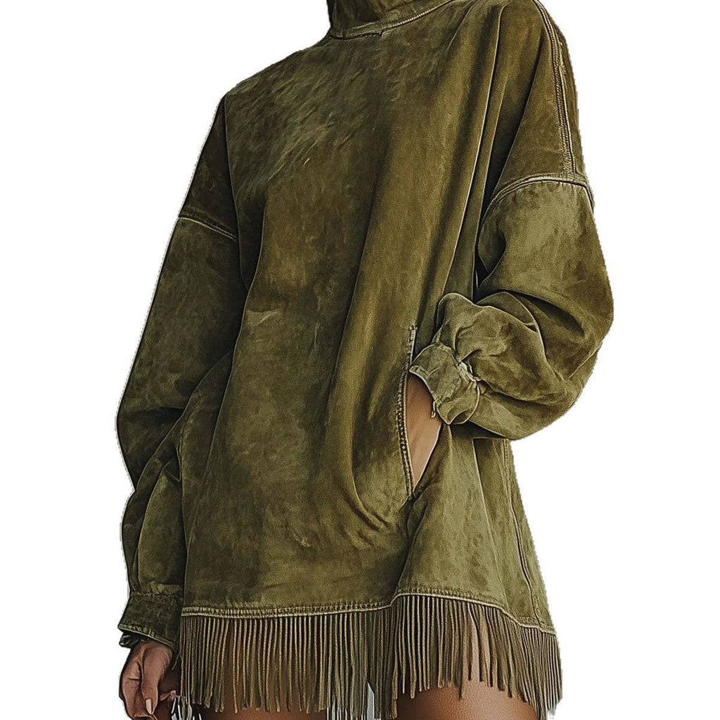High Neck Loose Fit Fringed Suede Dress with Pockets