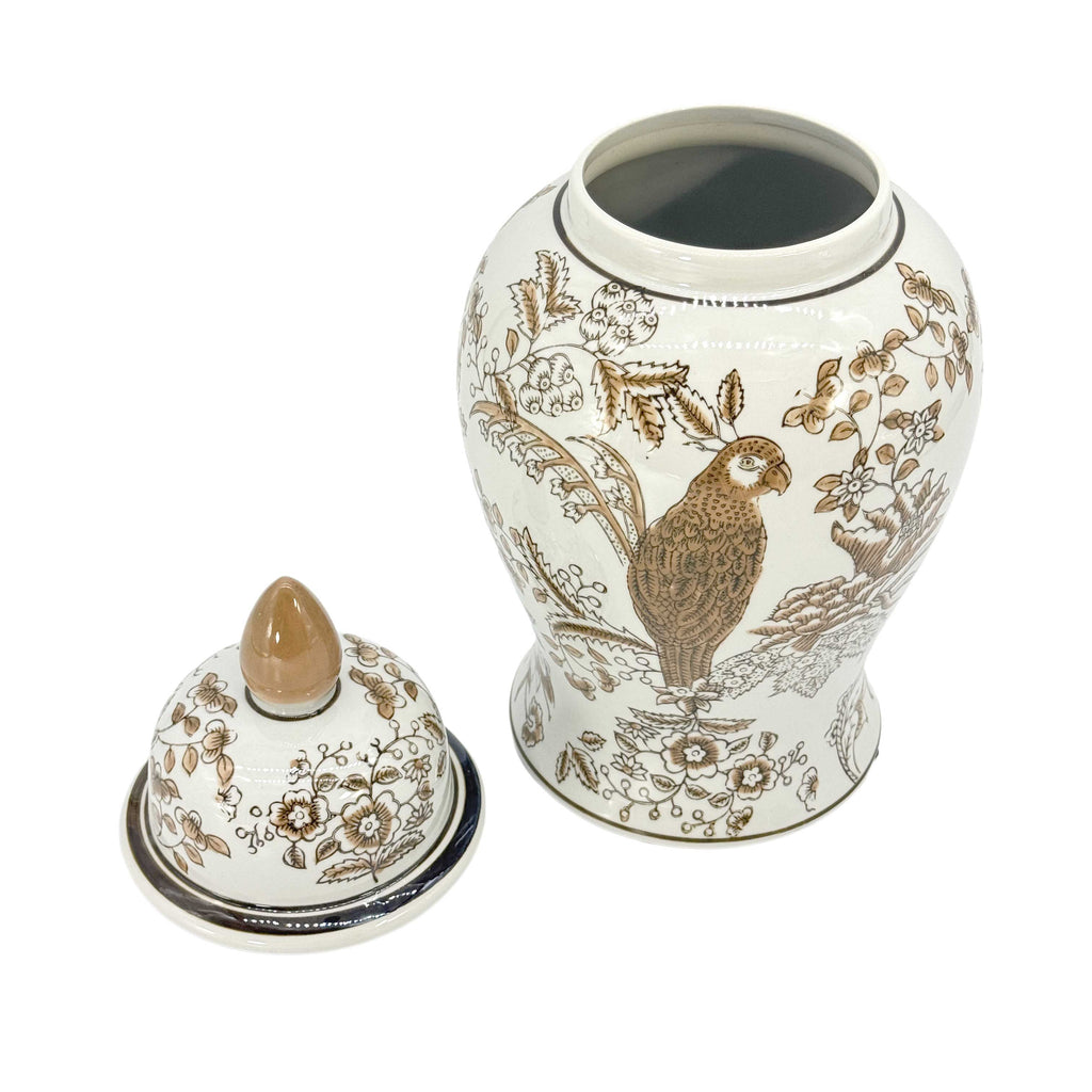 Brown & White Parrot Chinoiserie Ginger Jar 14"