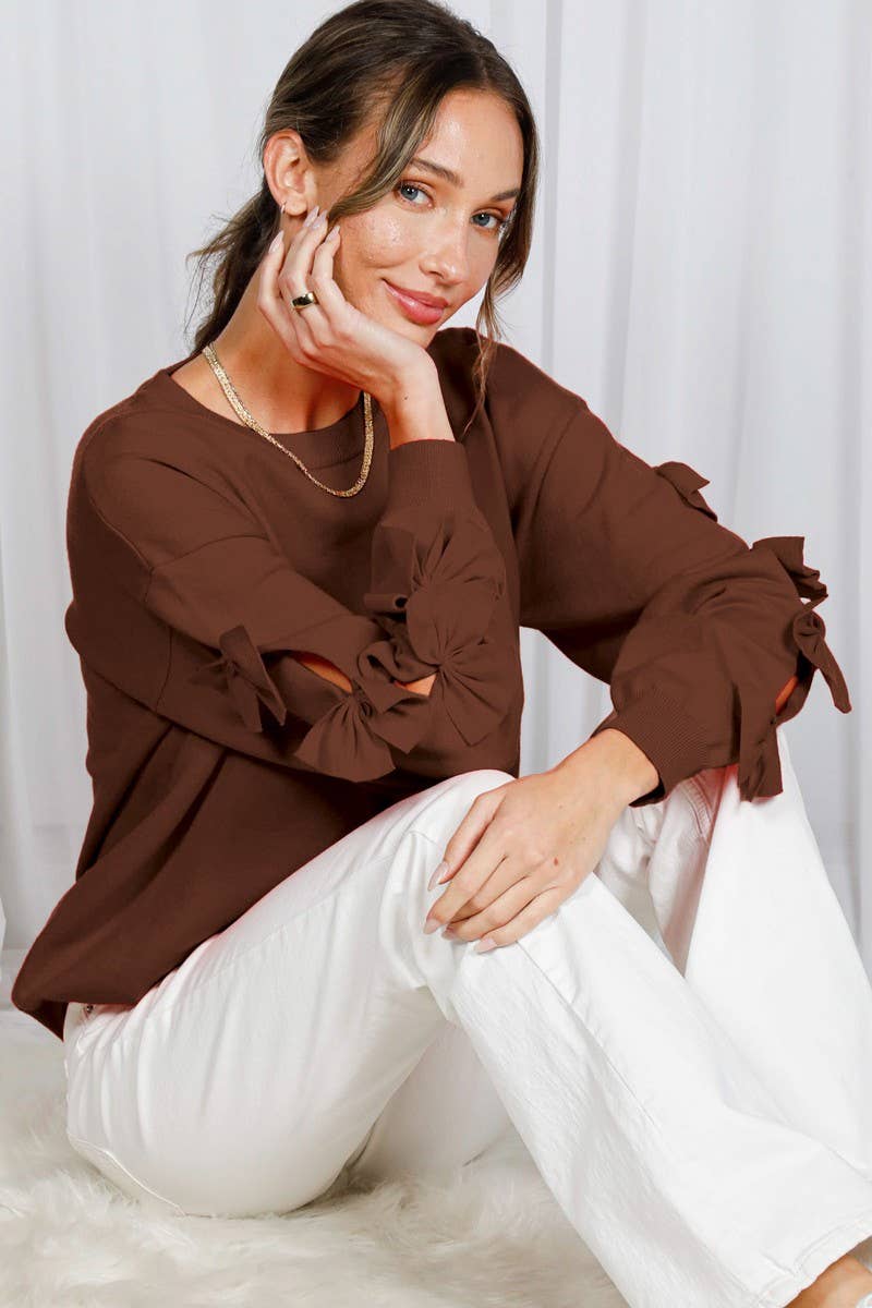 Bow Embellished Long-Sleeve Knit Sweater