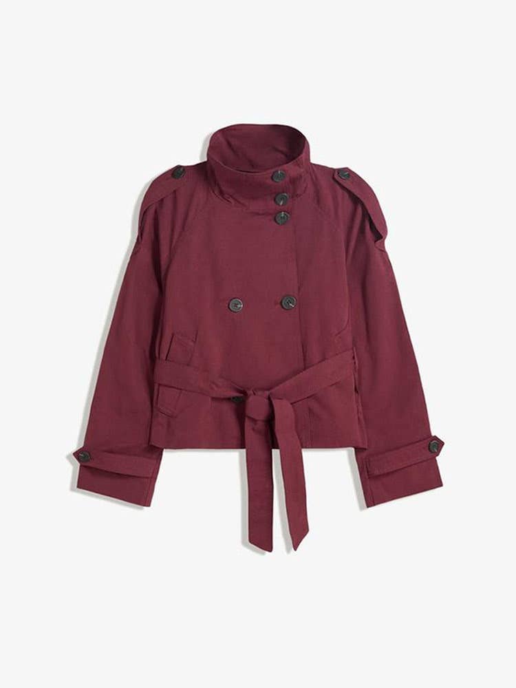 Stand-Collar Buttoned Belted Short Trench Coat