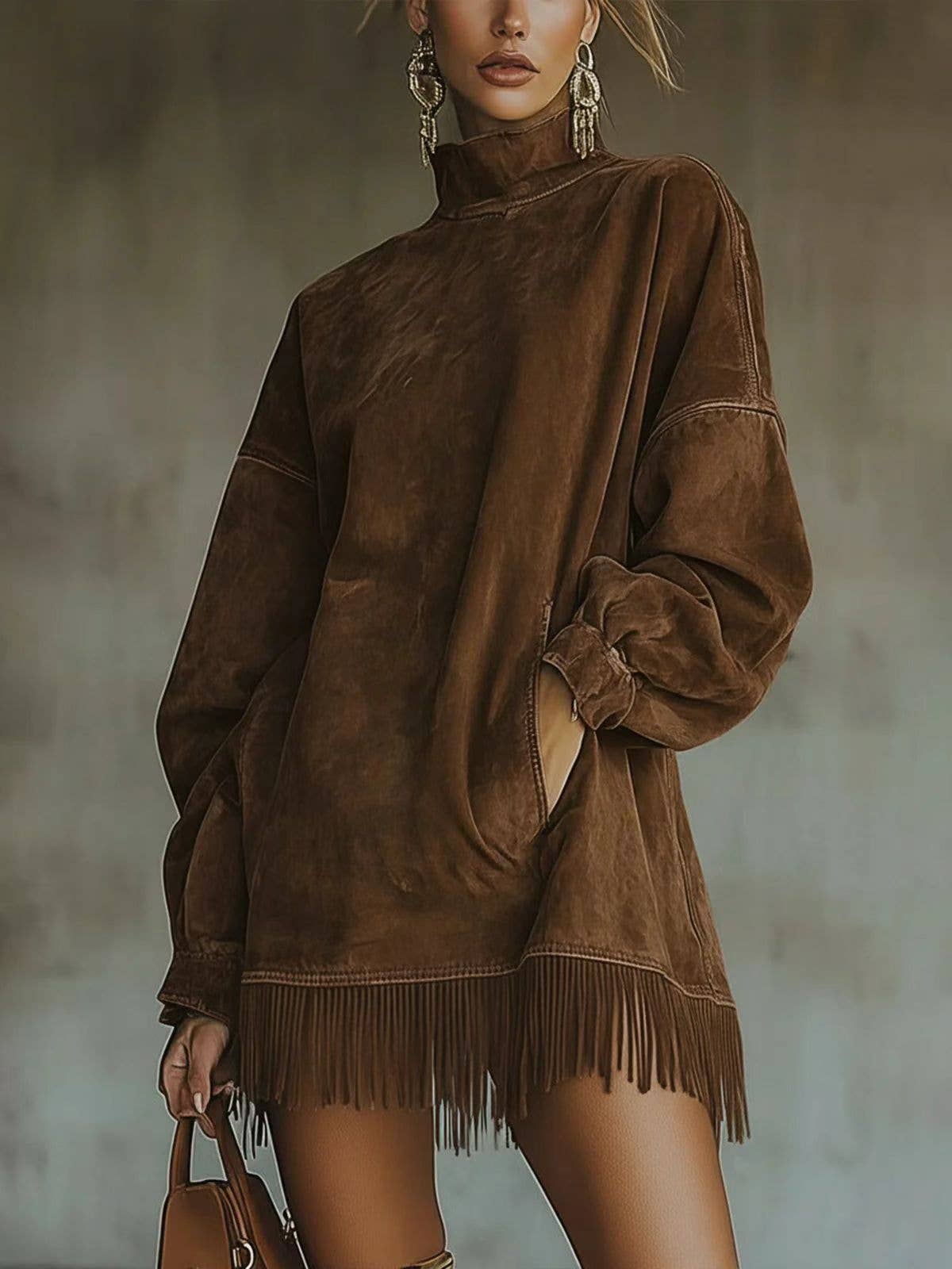 High Neck Loose Fit Fringed Suede Dress with Pockets