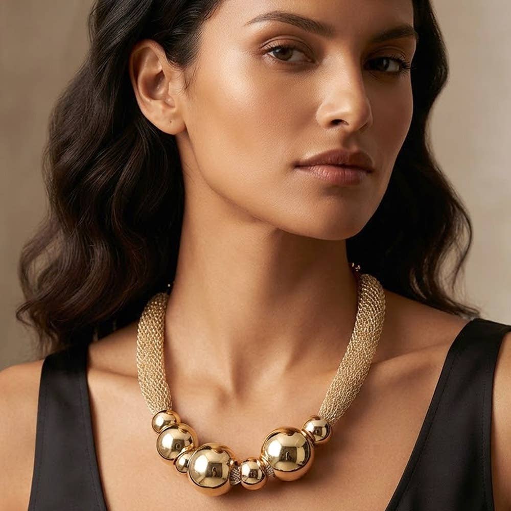Bold Multi Metal Ball Beaded Mesh Chain Necklace
