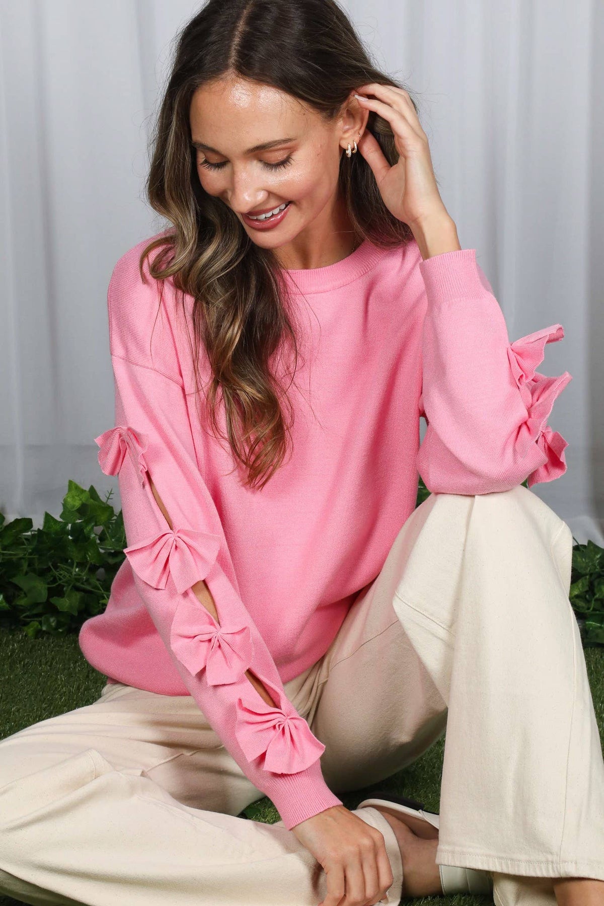 Bow Embellished Long-Sleeve Knit Sweater