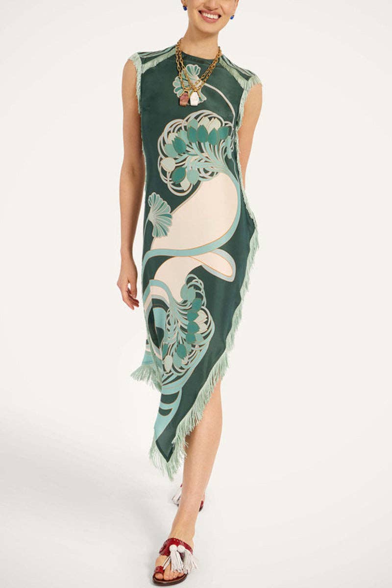 Fringe-Trim Floral Shift Dress