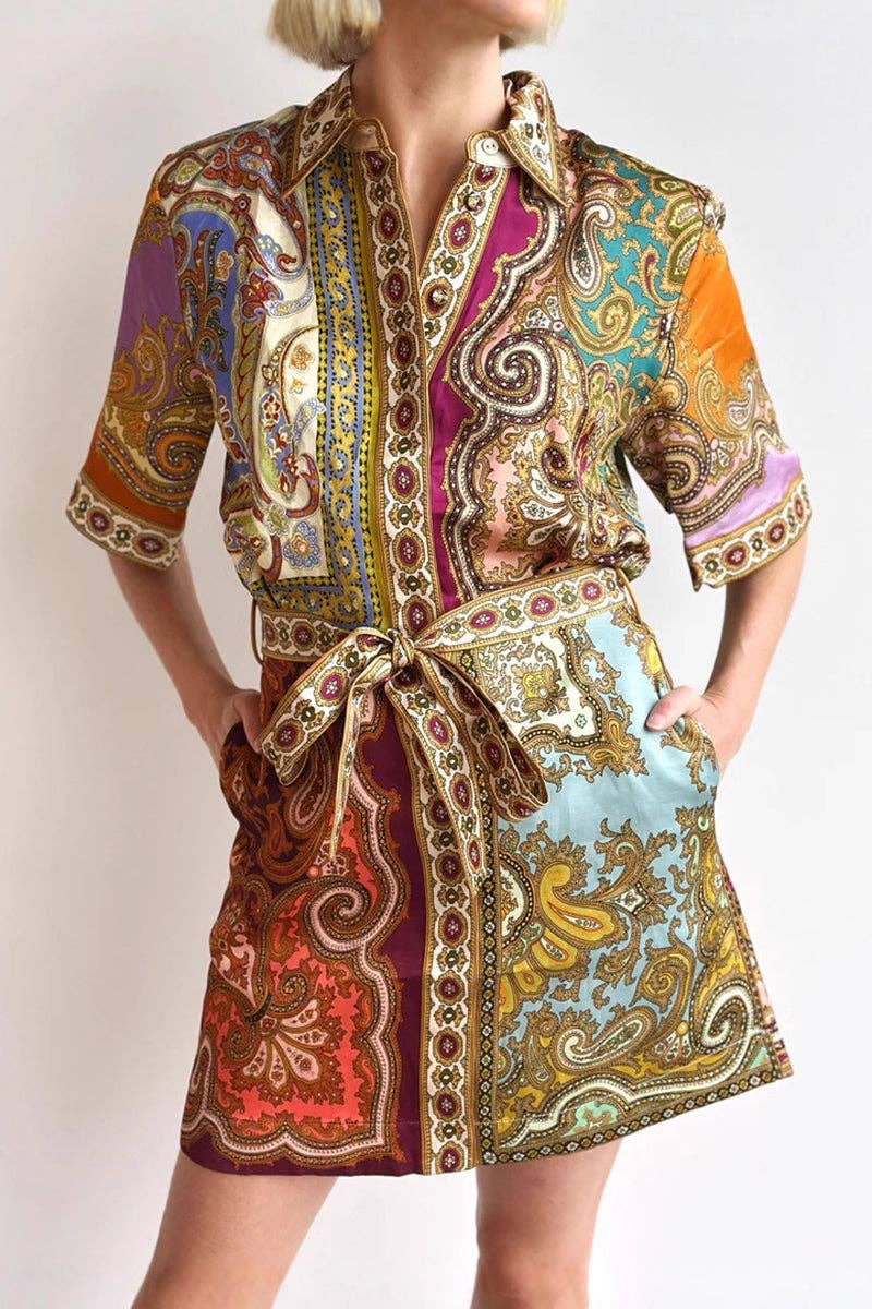 Paisley Print Belted Shirt Dress