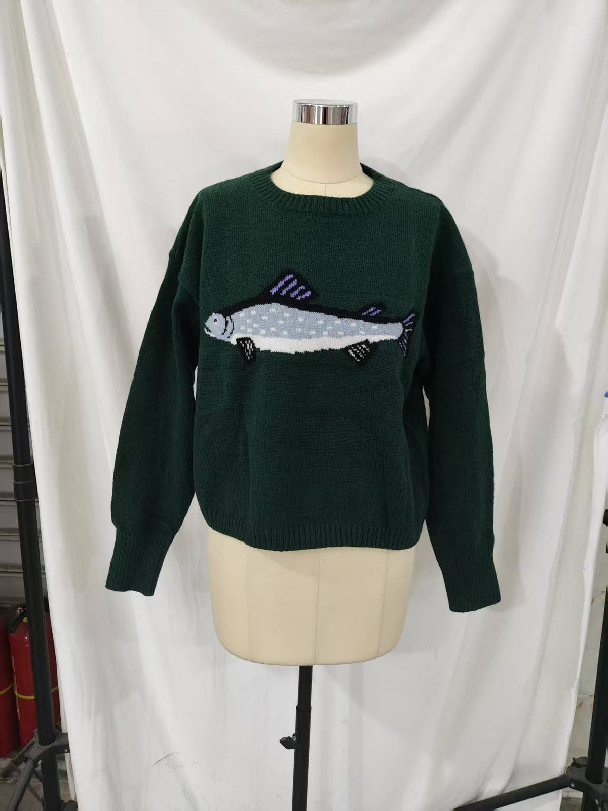 Ocean Coastline Sardine Pattern Crewneck Knit Sweater