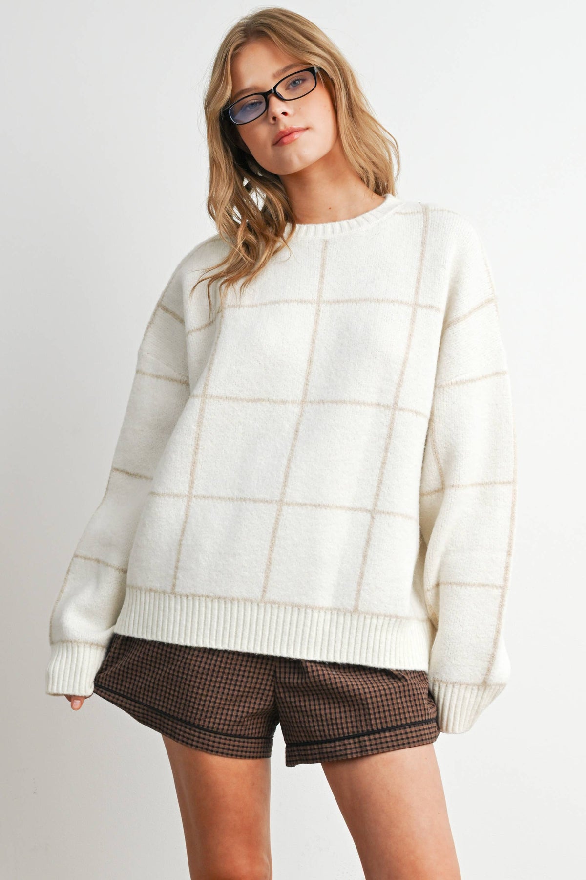 Checkered Crew Neck Knit Sweater - BMW8077