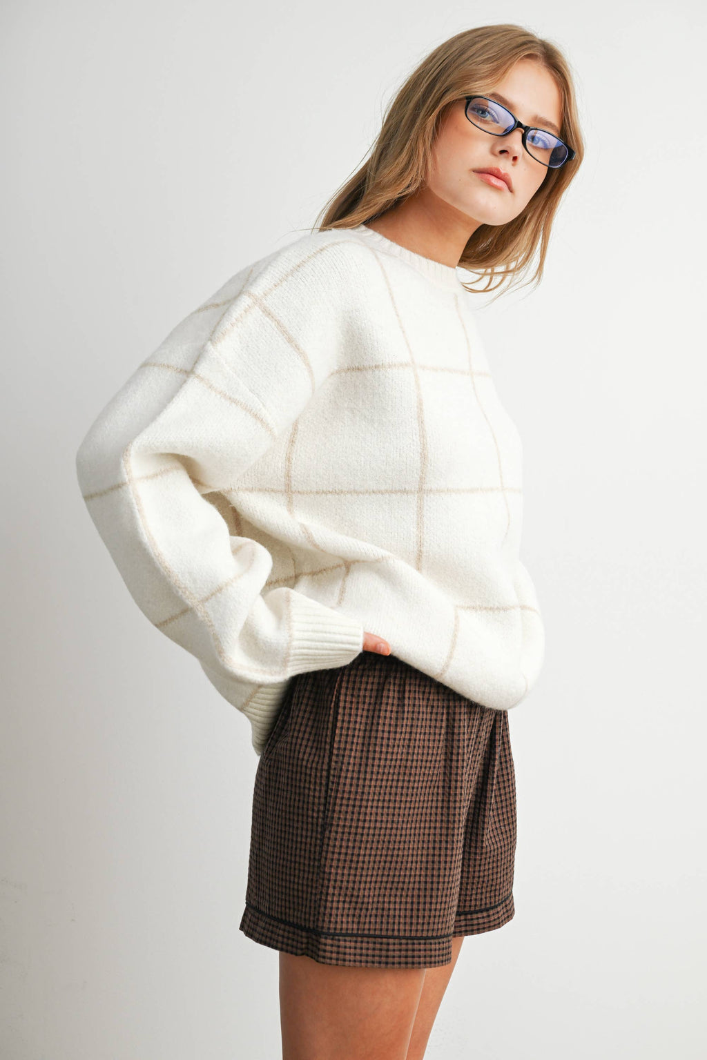 Checkered Crew Neck Knit Sweater - BMW8077