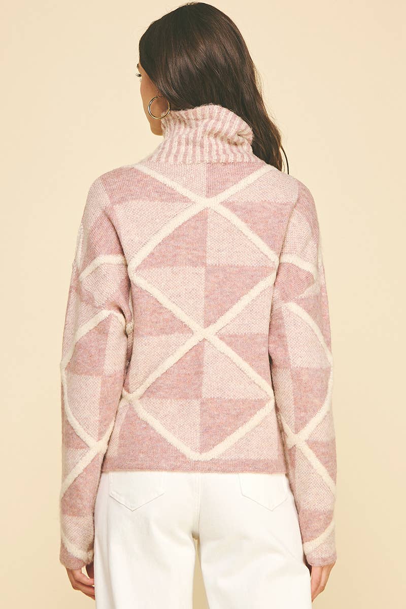DIAMOND PATTERN TURTLE NECK SWEATER - 6354WS