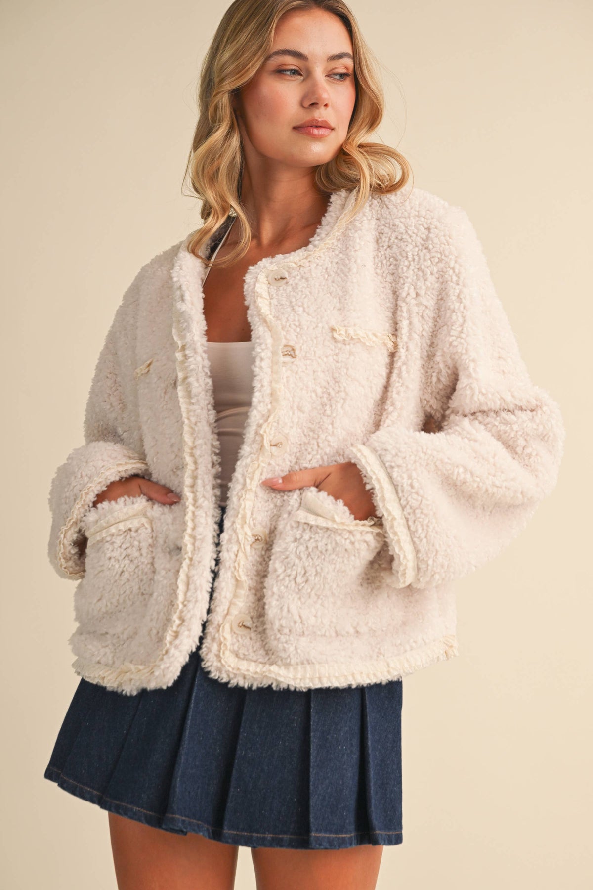 SHERPA JACKET WITH LACE TRIM