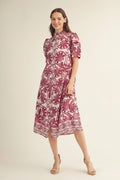 Burgundy Print Button-Front Midi Dress