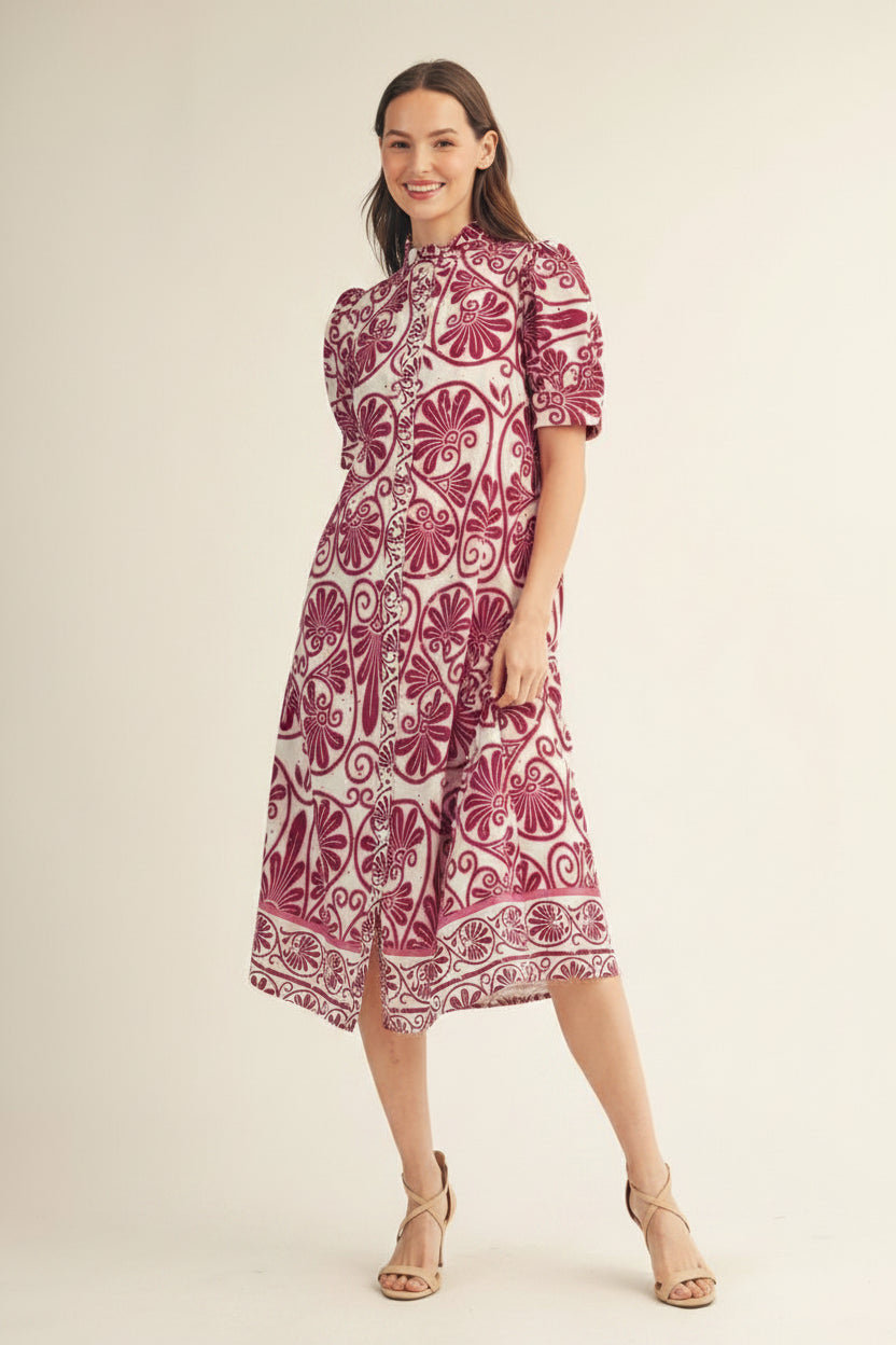 Burgundy Print Button-Front Midi Dress