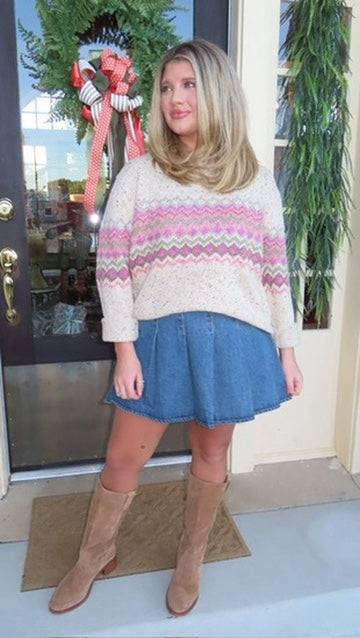 Pink & Olive Pattern Fair Isle Sweater