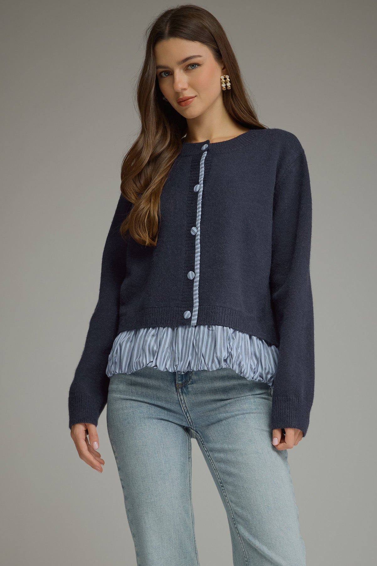 Navy Blue Layered Button-Front Sweater