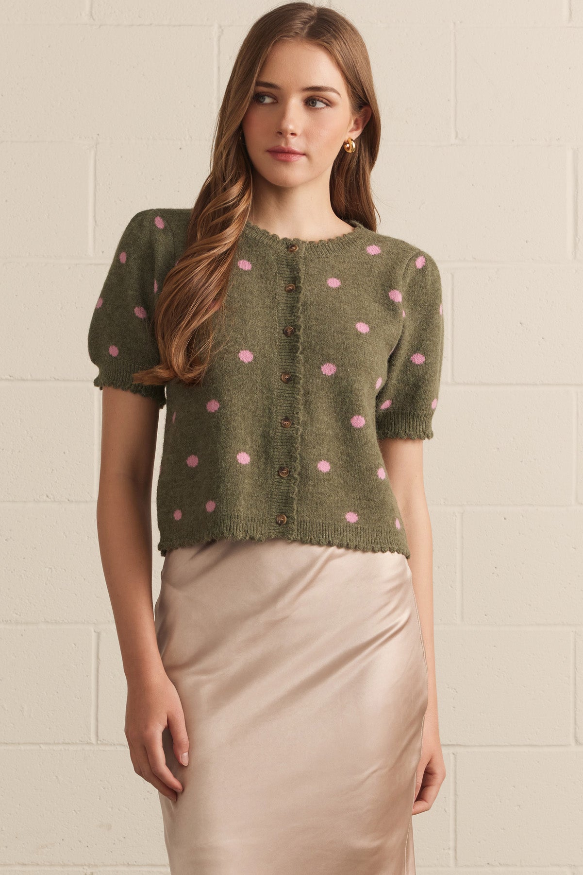Olive Green Polka Dot Knit Cardigan Top