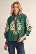 Hunter Green Embroidered Puff Sleeve Blouse