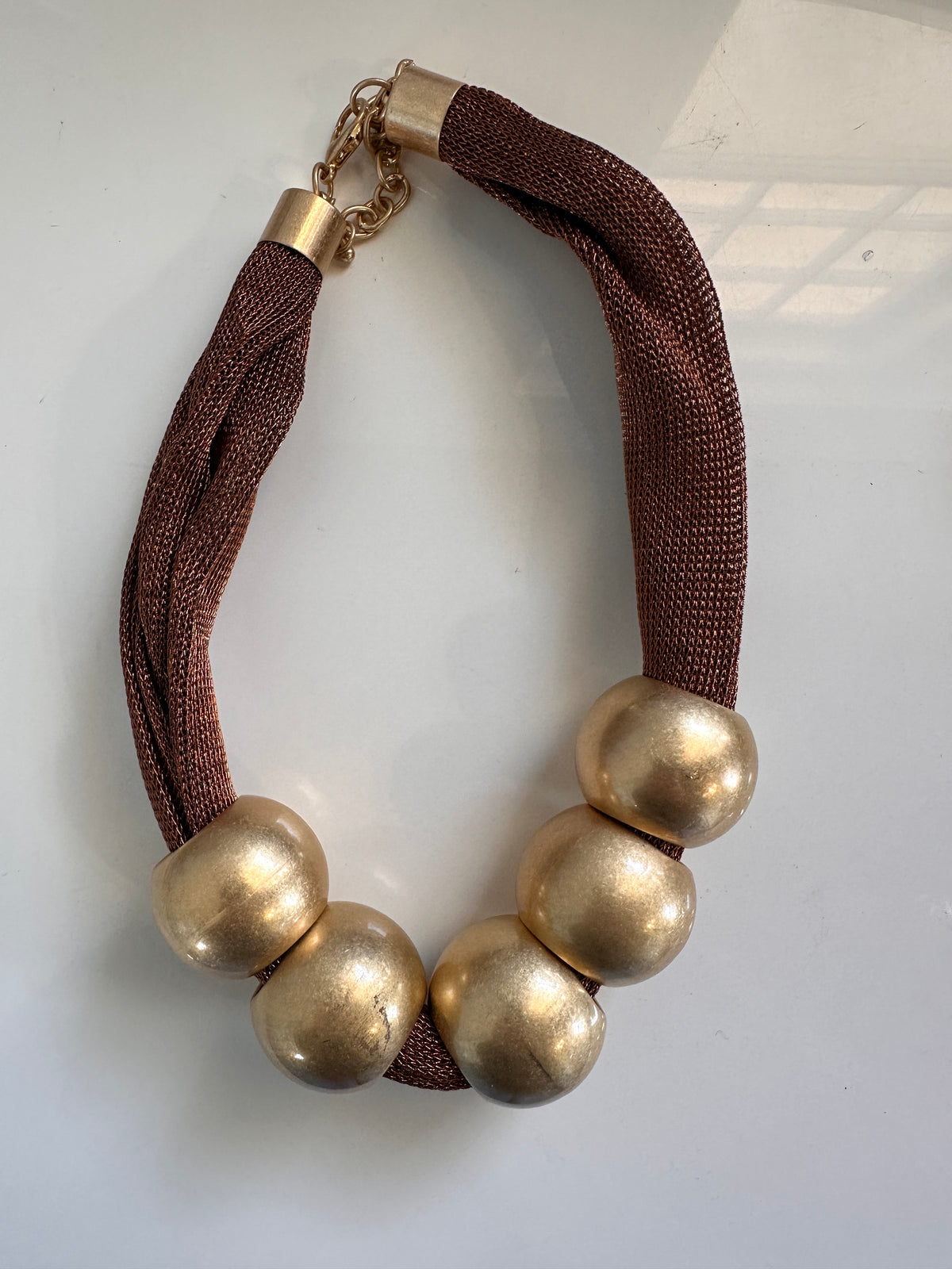 Bronze Mesh and Gold Bead Necklace