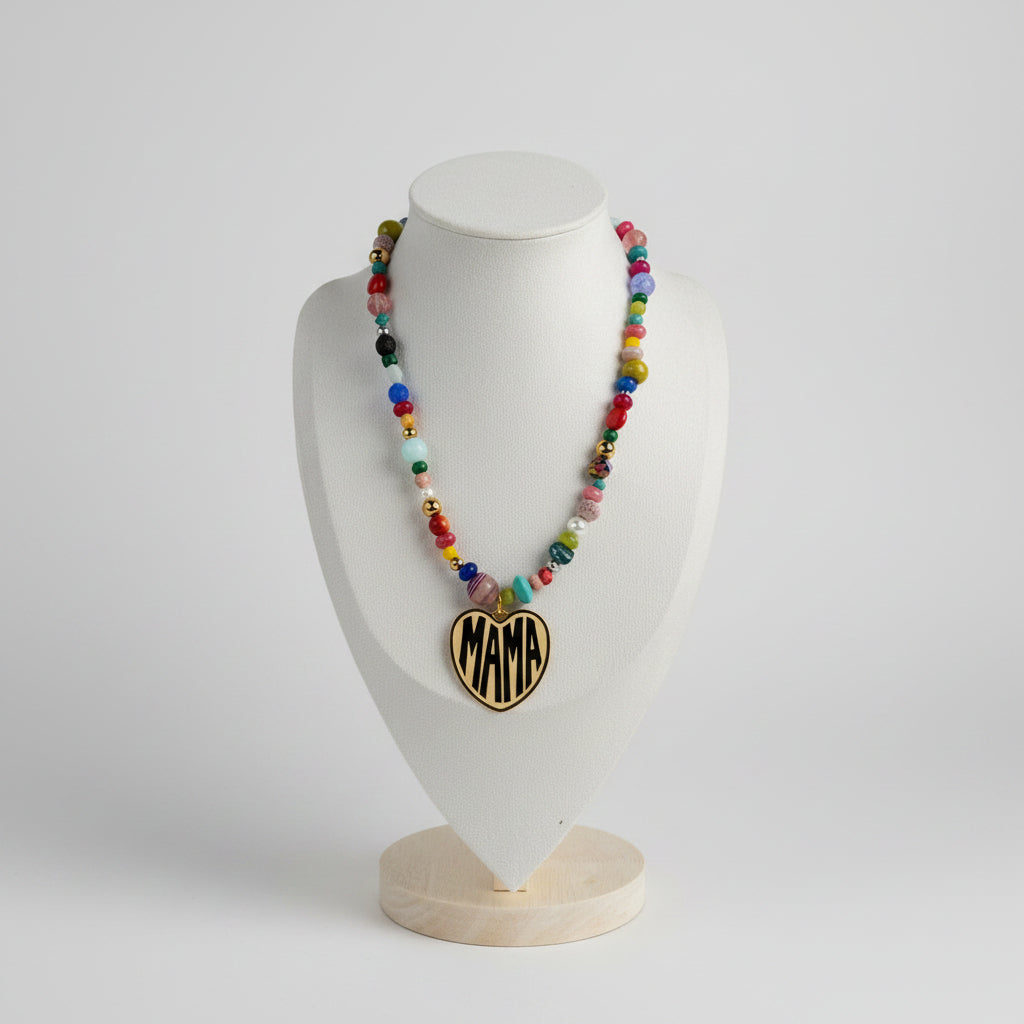 Colorful Beaded MAMA Heart Necklace