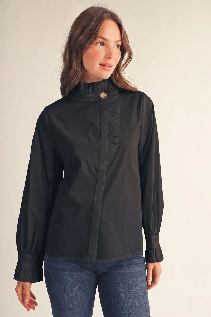 Classic Black Ruffle Mock Neck Blouse