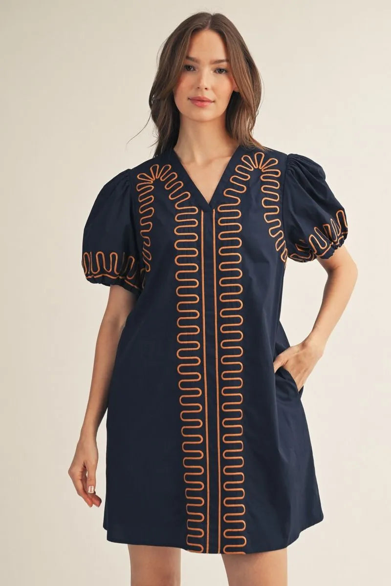 Navy Contrast Trim Puff Sleeve Mini Dress