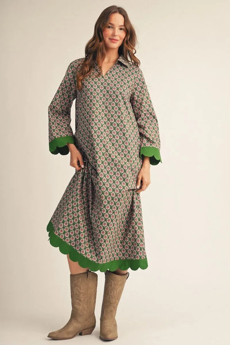 Evergreen Floral Scallop Trim Midi Dress