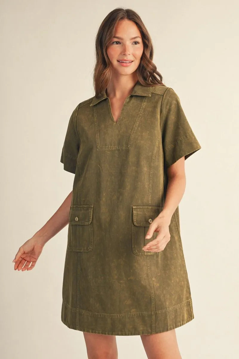 Olive Utility Pocket Mini Dress