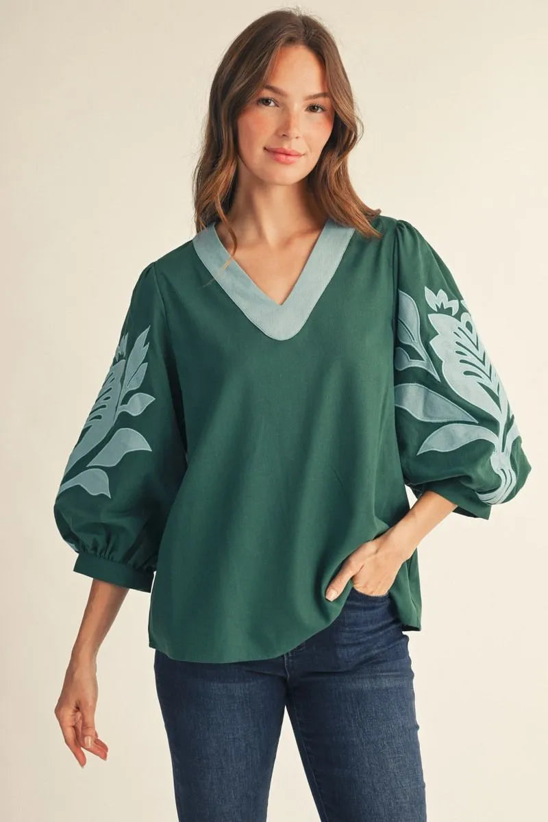 Hunter Green Embroidered Balloon Sleeve Blouse
