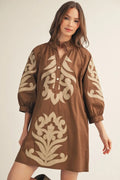 Mocha Embroidered Mock Neck Mini Dress