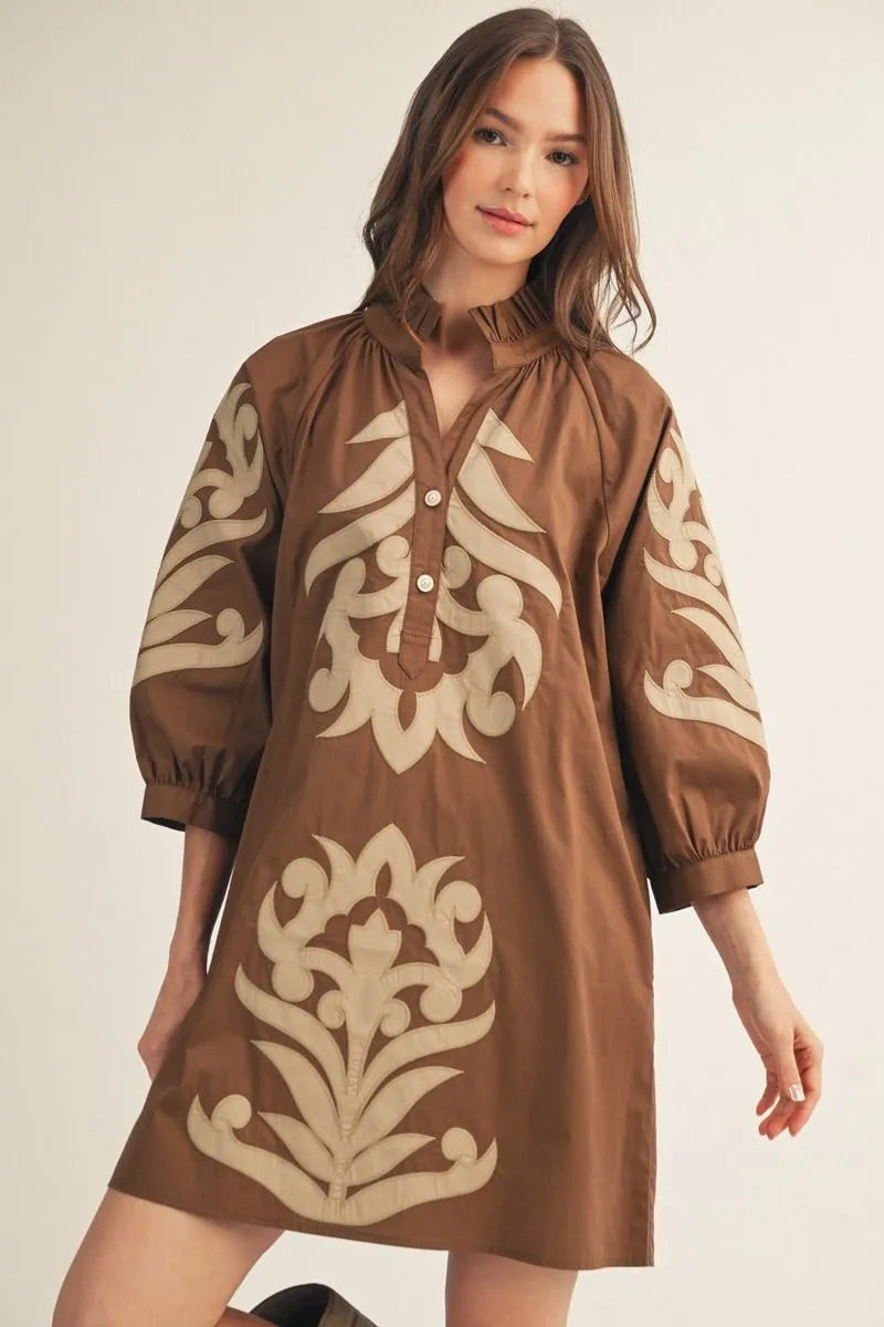 Mocha Embroidered Mock Neck Mini Dress