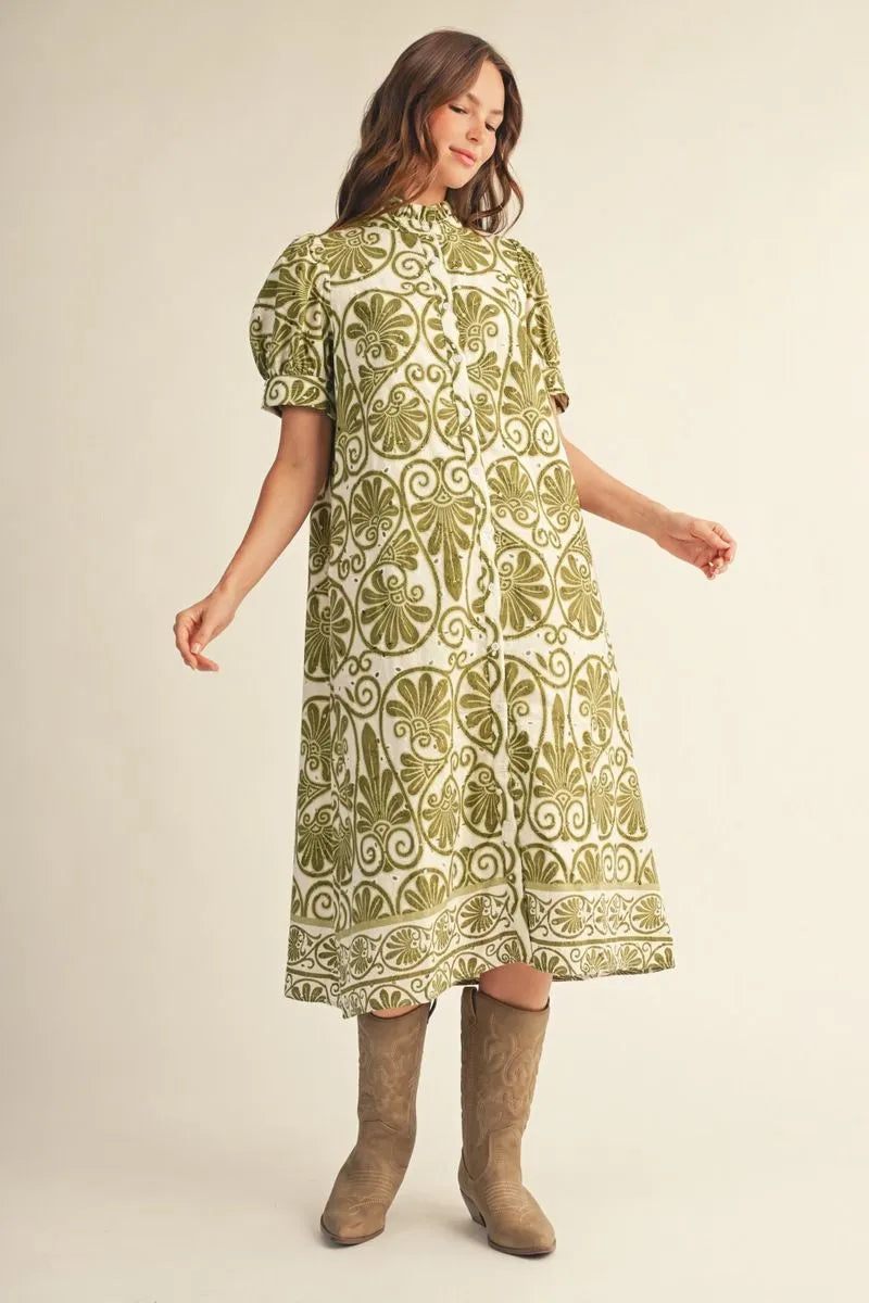 Moss Medallion Puff Sleeve Midi Dress
