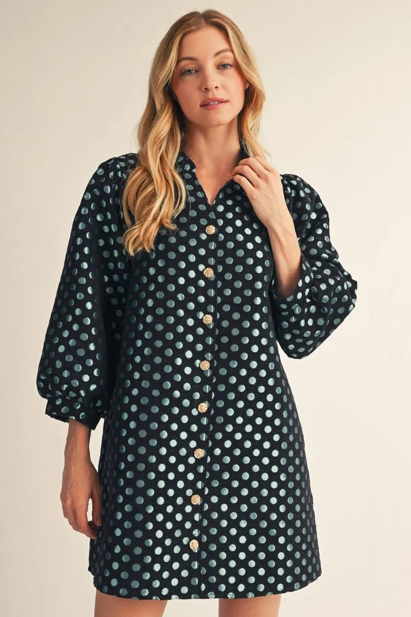 Midnight Polka Dot Button Front Mini Dress