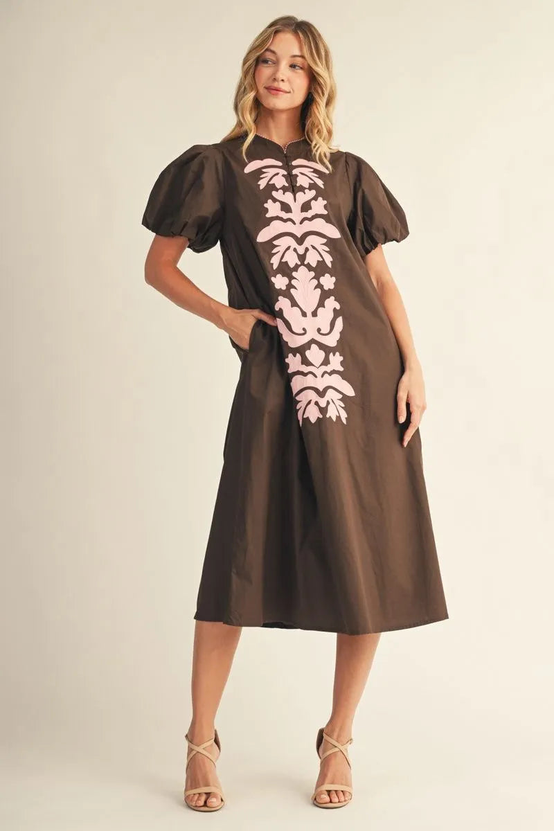 Mocha Floral Puff Sleeve Midi Dress