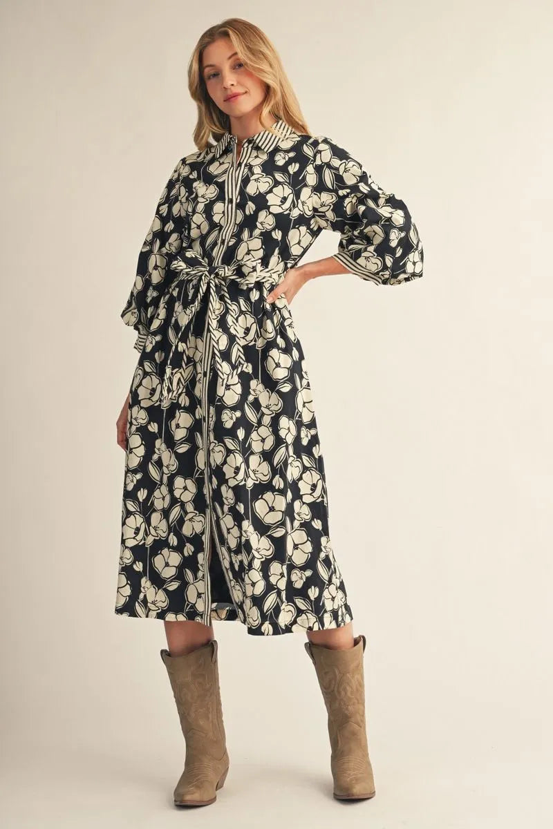 Midnight Floral Tie Waist Midi Dress
