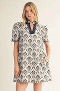Navy Medallion Puff Sleeve Mini Dress