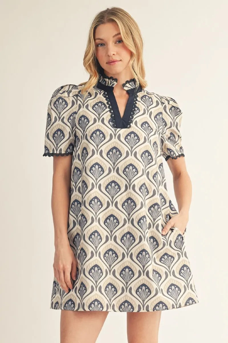 Navy Medallion Puff Sleeve Mini Dress