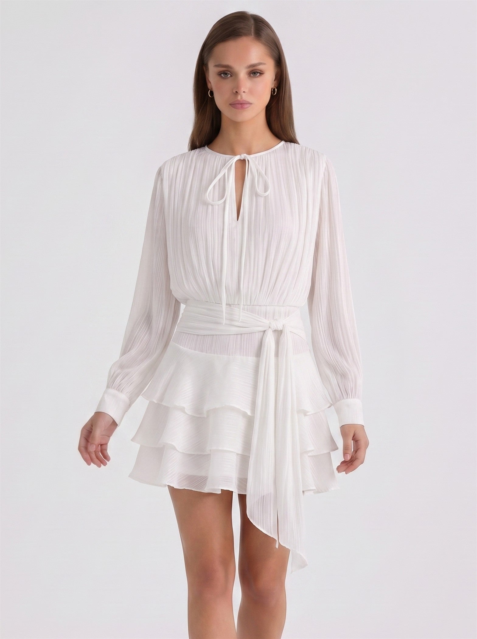 Ivory Pleated Tie-Waist Mini Dress