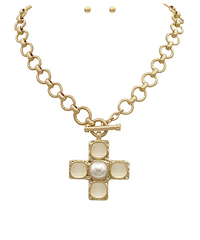 Gold Cross Pendant Necklace and Earrings