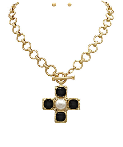 Gold Cross Pendant Necklace and Earrings
